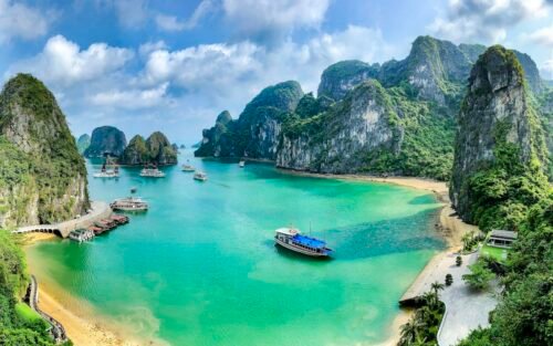 Boats among the limestone islands of Ha Long Bay, Vietnam
