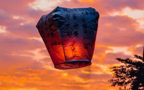 Sky lantern over Shifen Old Street, New Taipei, Taiwan