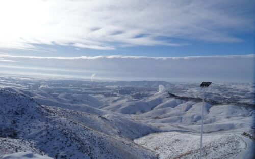 Snowy mountain from a ski lift, China