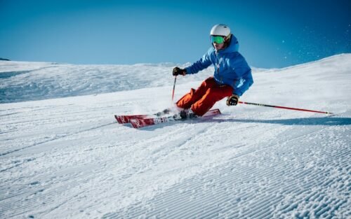 Skiing on a snowy slope